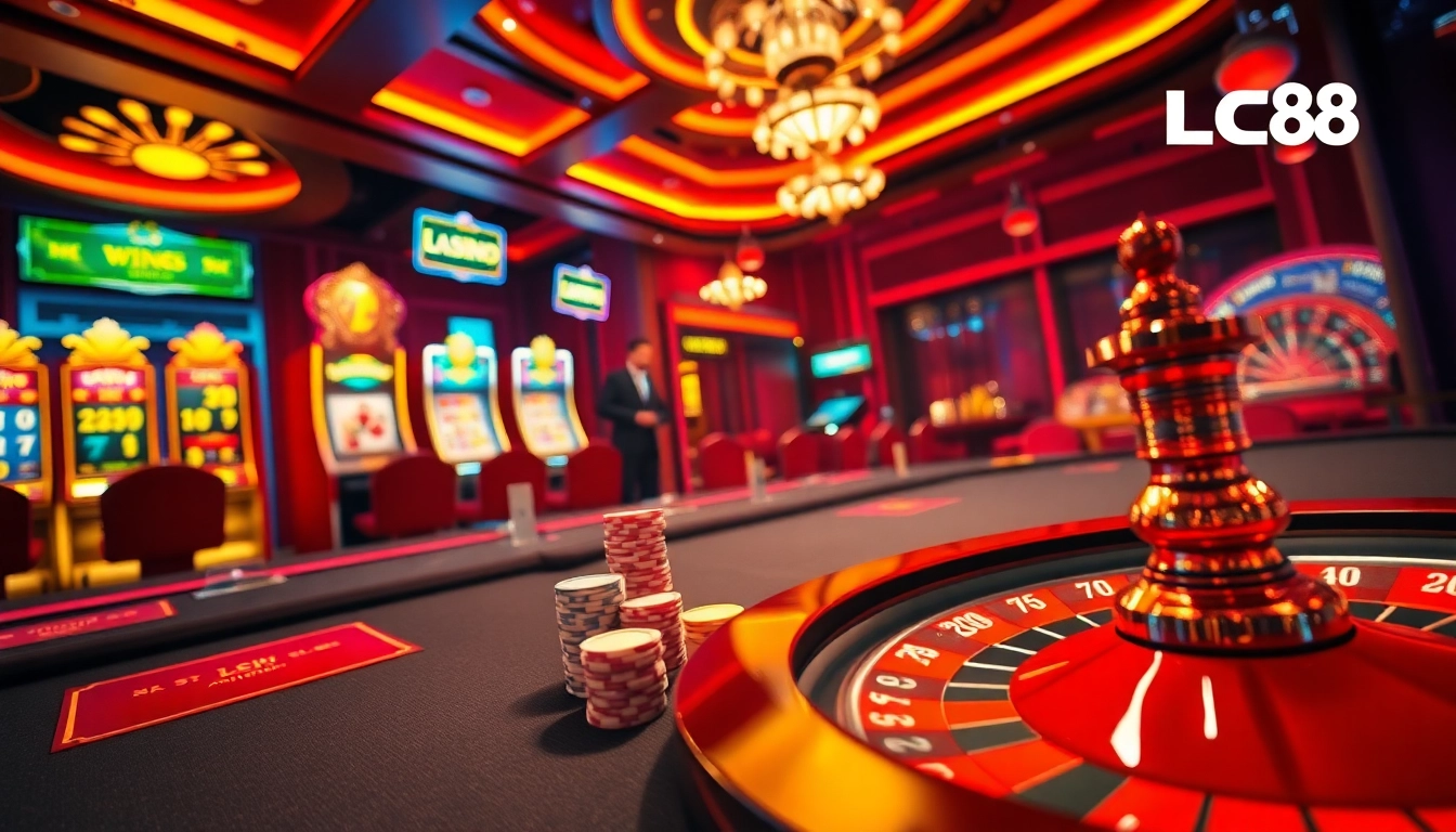 Experience luxury gaming at LC88 with vibrant casino scenes featuring poker tables, slot machines, and roulette.