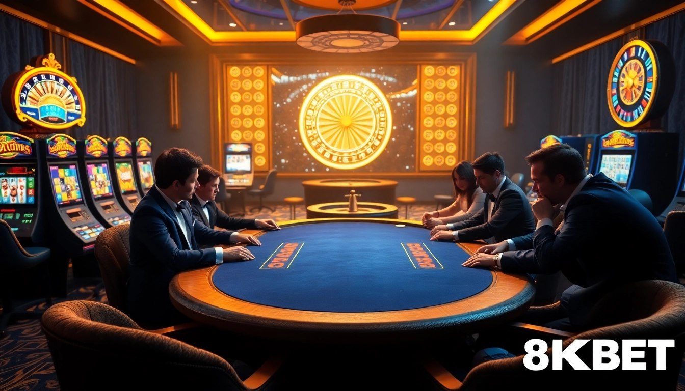 Exciting group of players engaging in 8KBET poker game at a luxurious casino.
