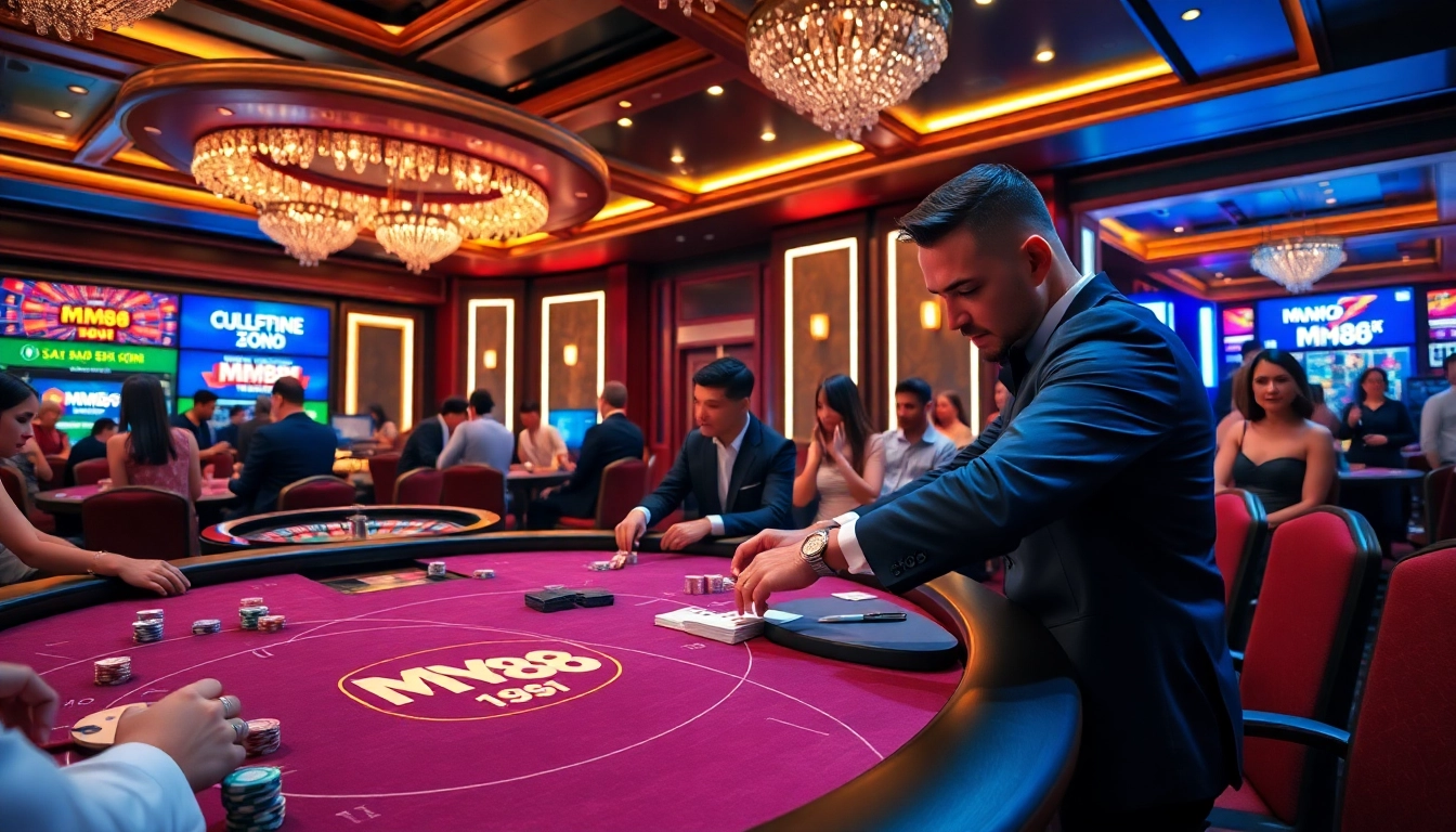 Players enjoying poker at the MM88 casino table, surrounded by chips and a roulette wheel.