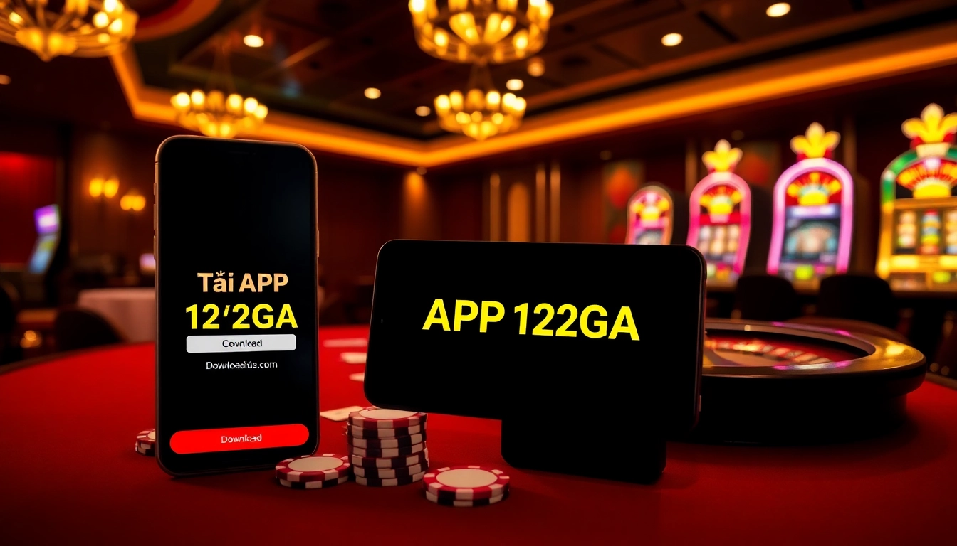 TẢI APP 123GA on a smartphone displayed amidst casino fun, featuring chips and a roulette wheel.