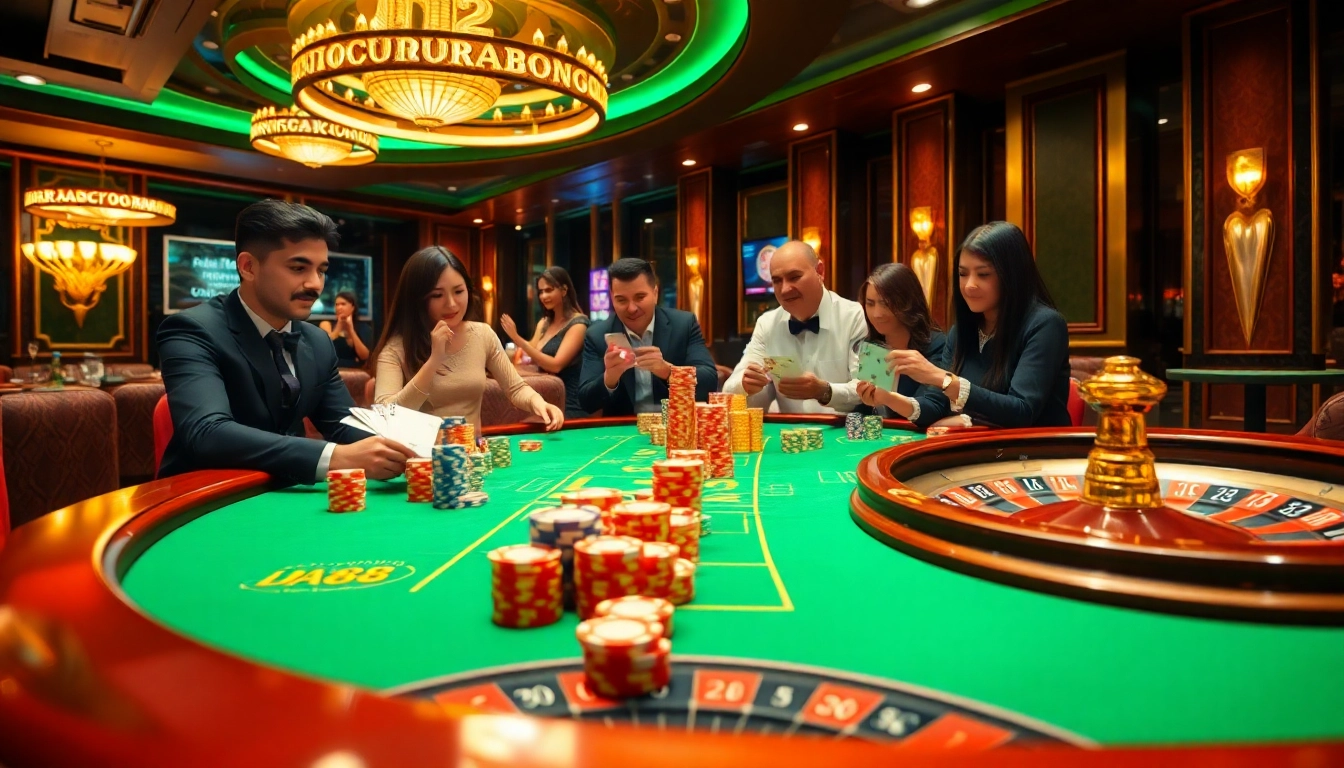 Exciting casino moment with DA88 poker players at a vibrant table surrounded by colorful chips.