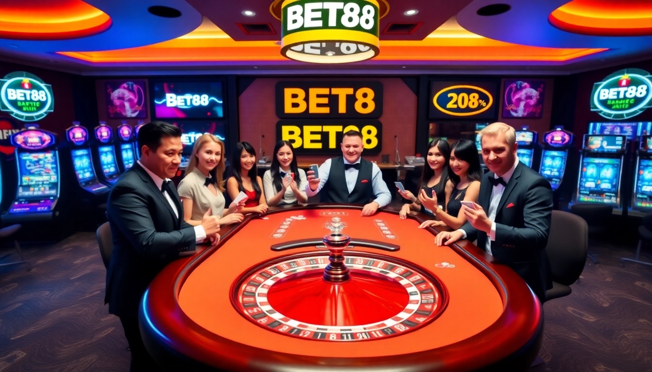 Players enjoying the thrill of casino games at BET88, surrounded by bright lights and action.