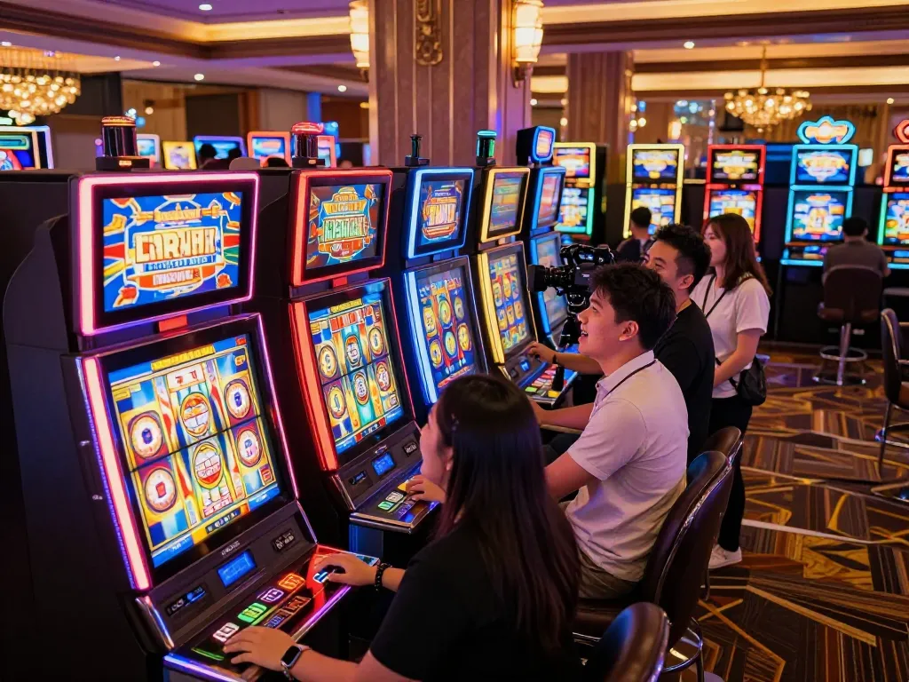 Slot Malaysia players celebrating wins at vibrant slot machines in a colorful casino.