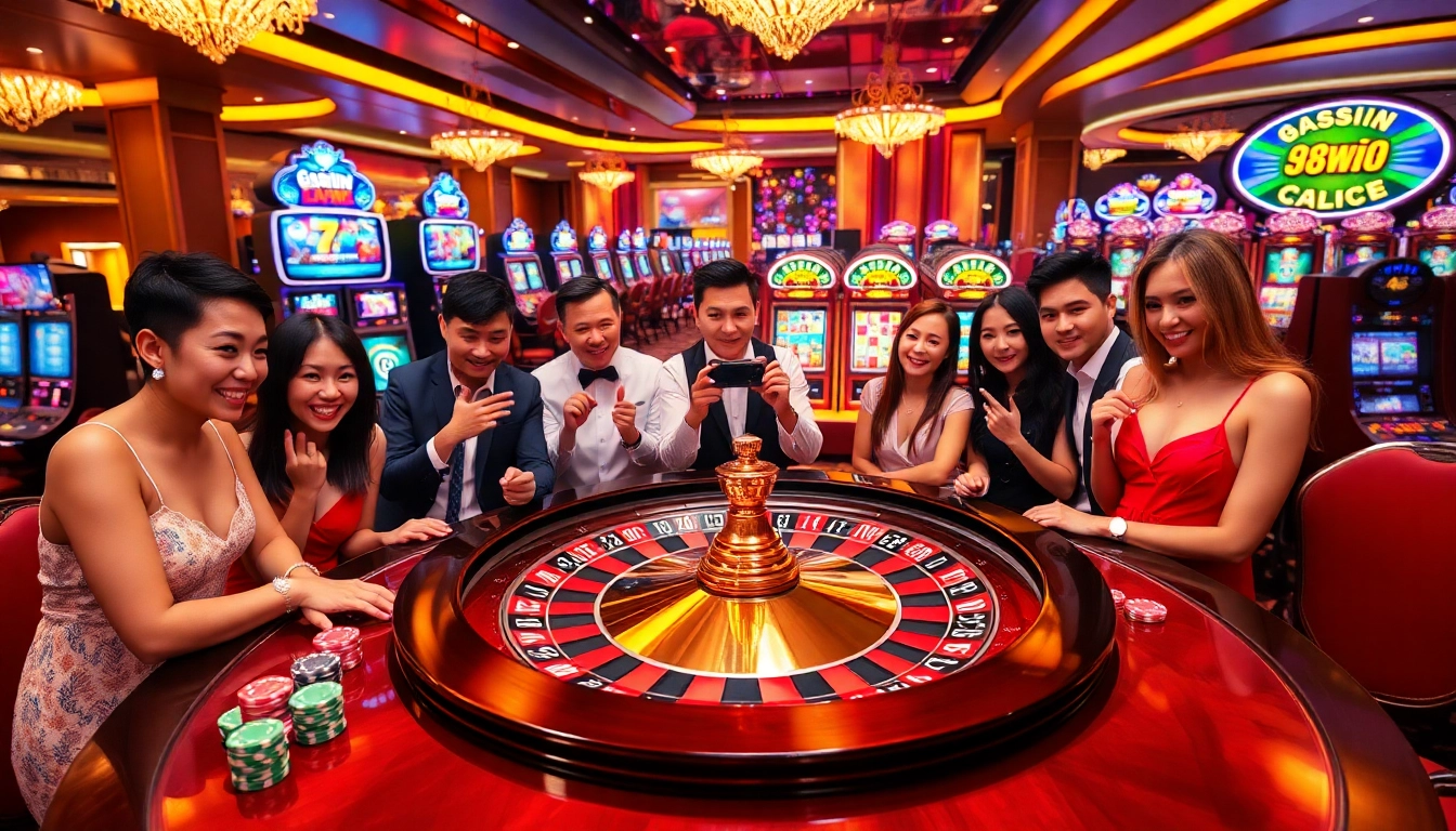 Gamblers enjoying thrilling games with 98win's roulette wheel and poker chips.