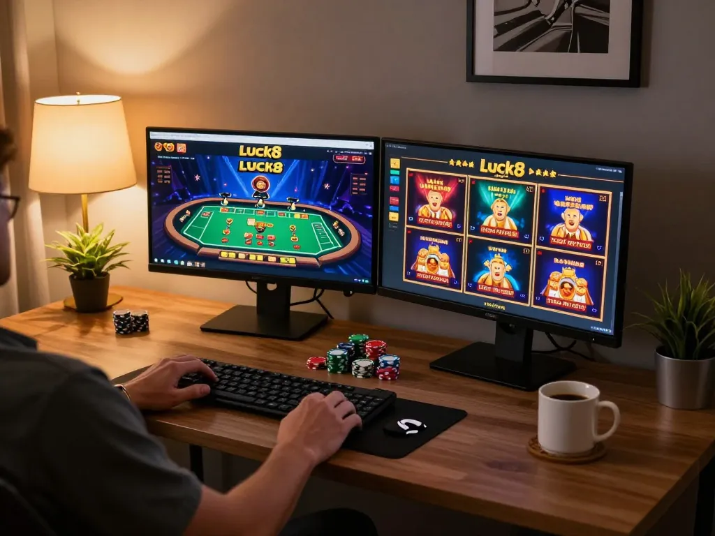 Excited player engaging in luck8 casino games on dual monitors showcasing live dealer actions.