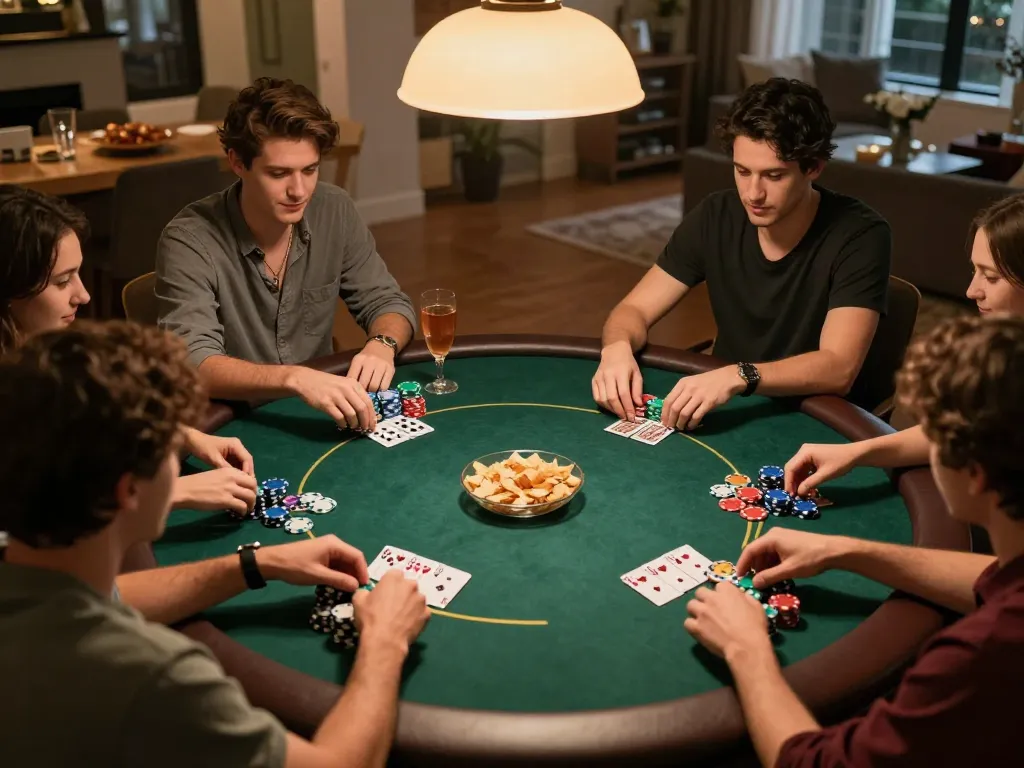 Friends enjoying a thrilling poker night at home while playing HZ88.