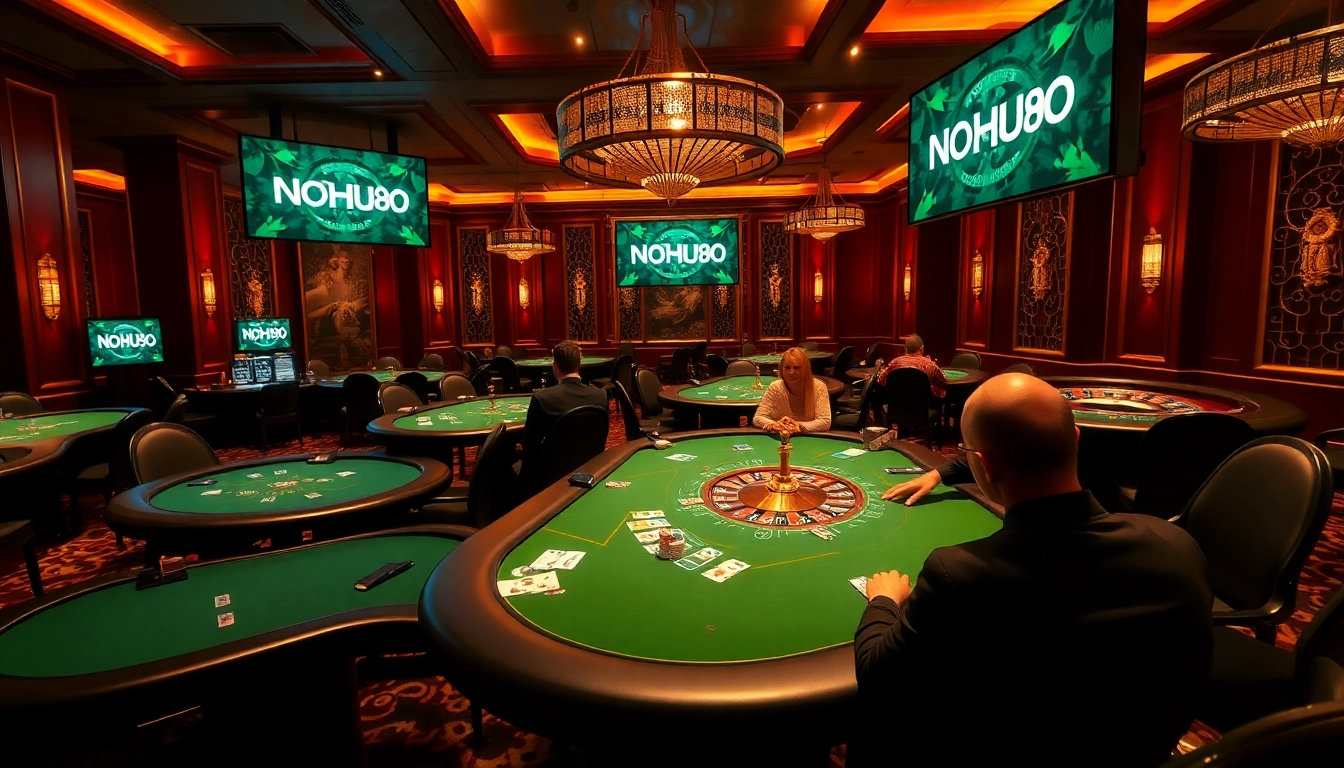 Players are engrossed in an exciting poker game at a luxurious NOHU90 casino table.