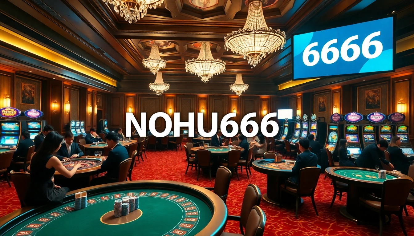 Experience the excitement of NOHU666 at an upscale casino, featuring lively tables and vibrant slot machines.