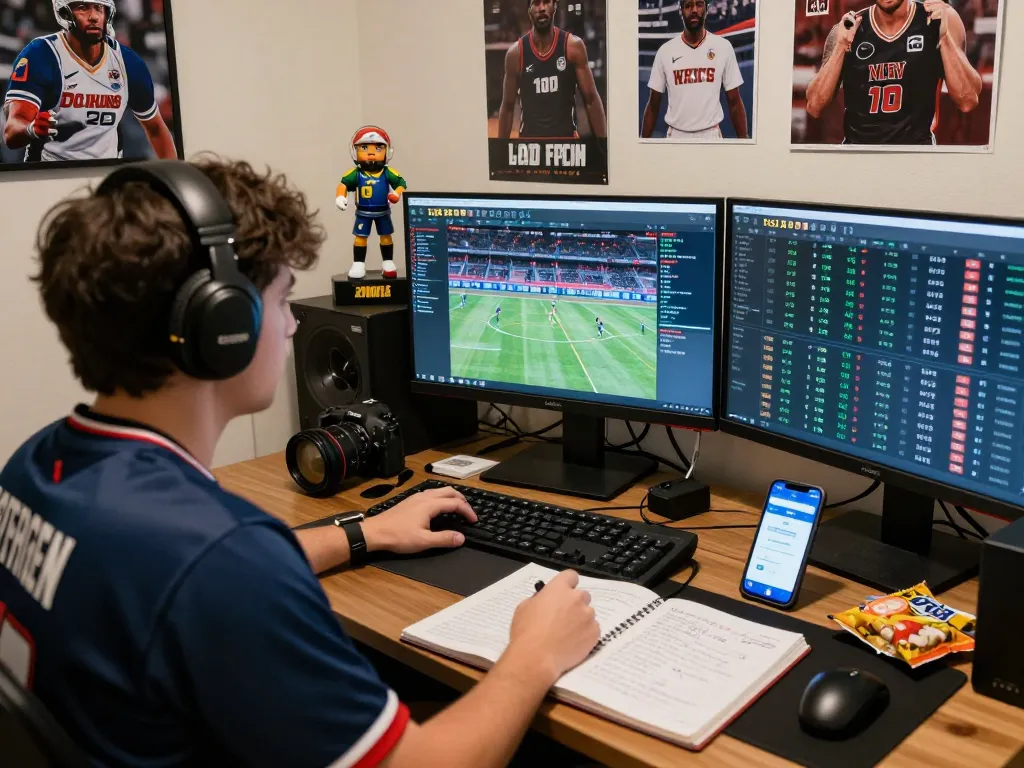 Gamer analyzing kèo nhà cái in a dynamic sports betting environment with multiple screens.