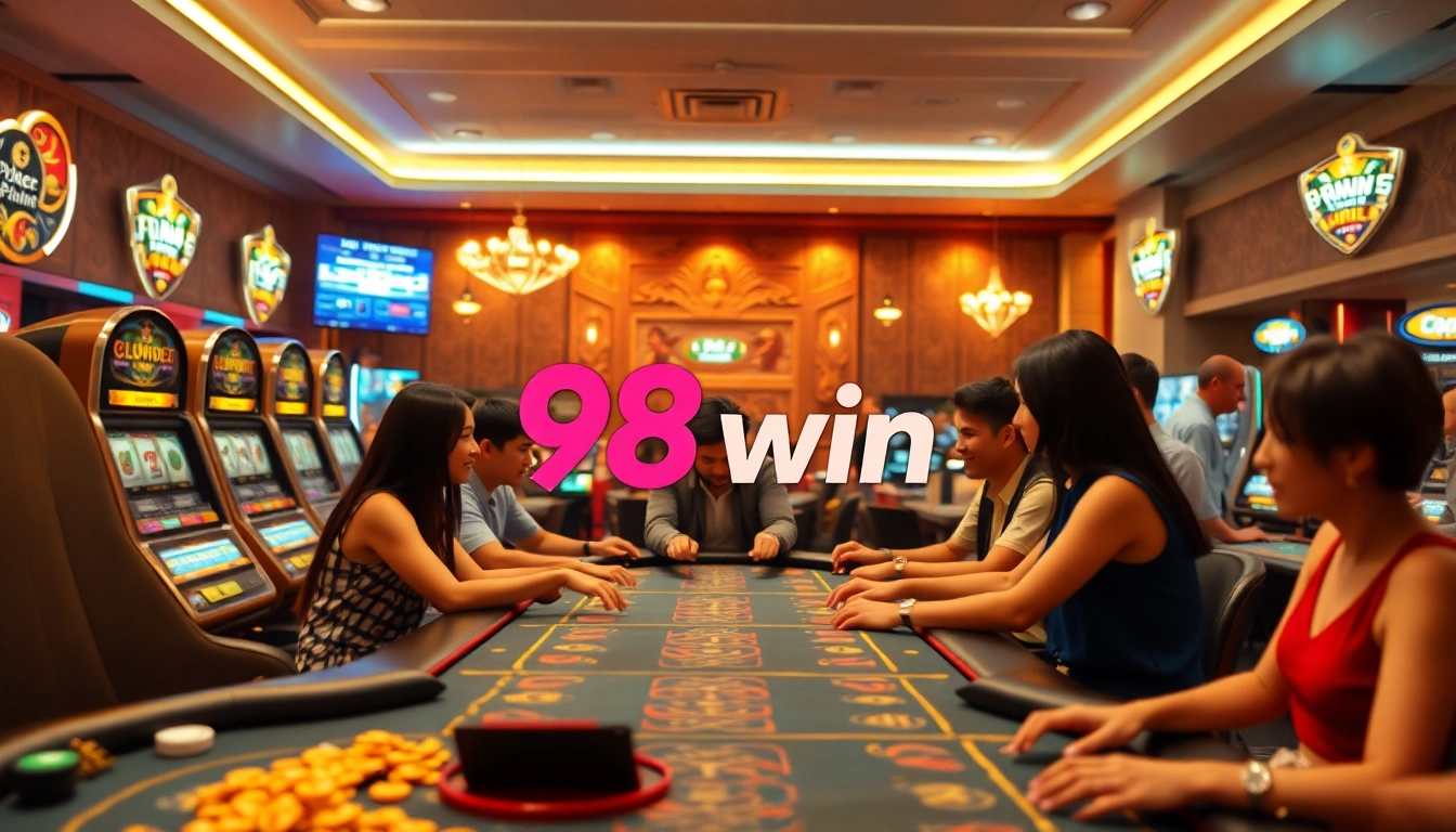 Engaging scene of players enjoying 98 win in a vibrant online casino environment, showcasing excitement and premium gaming experience.