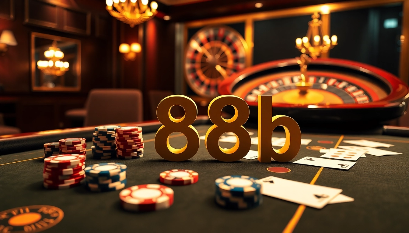 Experience the thrill of 888b with luxurious poker chips and vibrant casino tables.