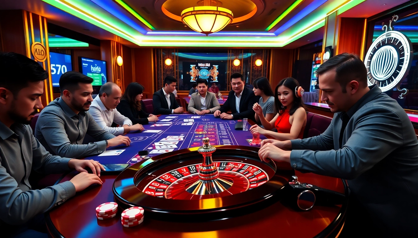 Exciting gaming scene highlighting online gambling at hm88.bike with poker chips and roulette.