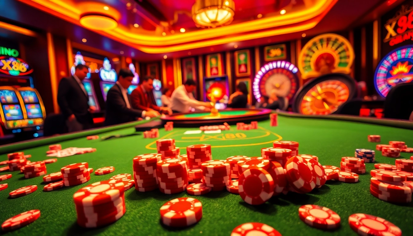 Gamblers enjoying a poker game at a lavish casino table, featuring XX88-themed chips.