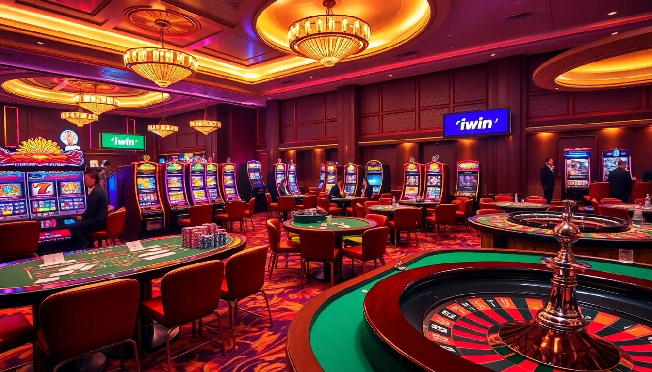 Iwin casino scene showcasing thrilling gameplay with colorful slot machines and professional dealers.