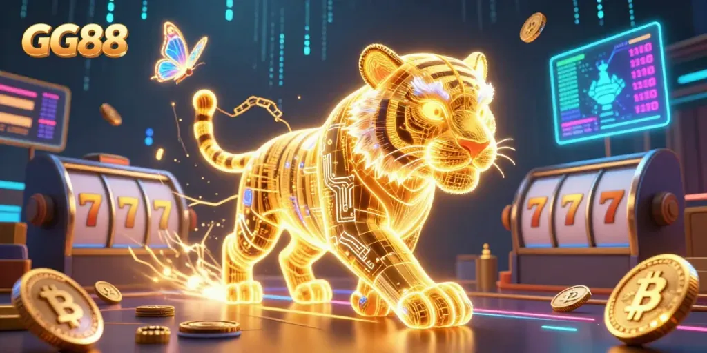 Experience the thrill of GG88 with a neon-wireframe tiger in a rich digital casino landscape featuring slot reels and cryptocurrency.