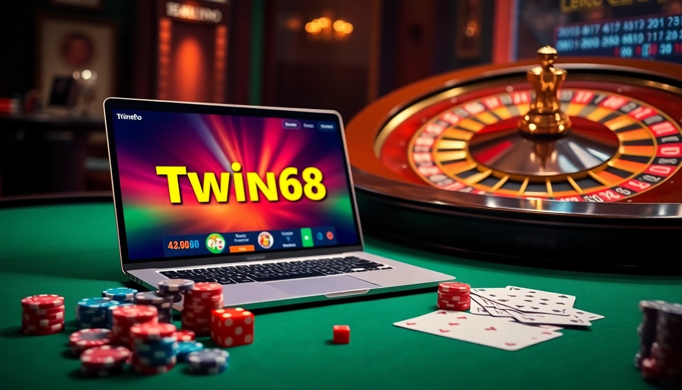 Experience thrilling gameplay with Twin68, online gambling on a vibrant laptop surrounded by poker chips.