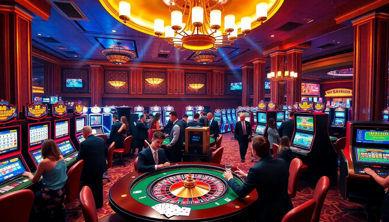 Experience the excitement of King88 at a luxurious casino filled with gamblers enjoying roulette and slot games.