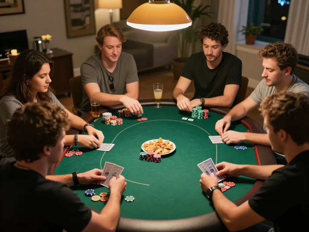 Players enjoying a lively poker game at home, showcasing the excitement of MMOO gameplay.