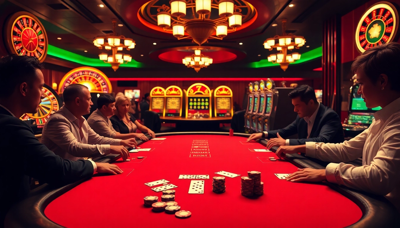 Players utilizing bsport strategies at a luxurious poker table in a vibrant casino scene.