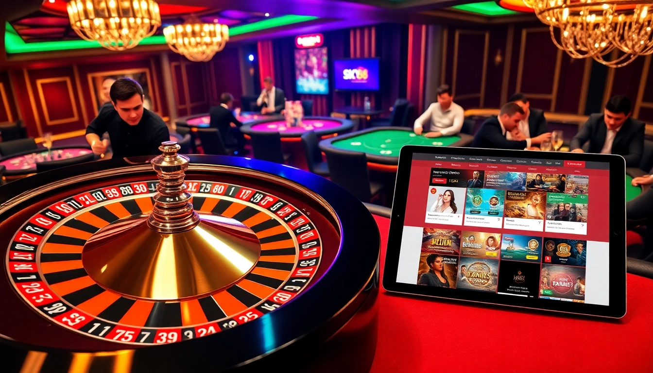 Experience the excitement of winning at https://sky88j.design/ amidst a luxurious casino scene with poker tables and roulette.