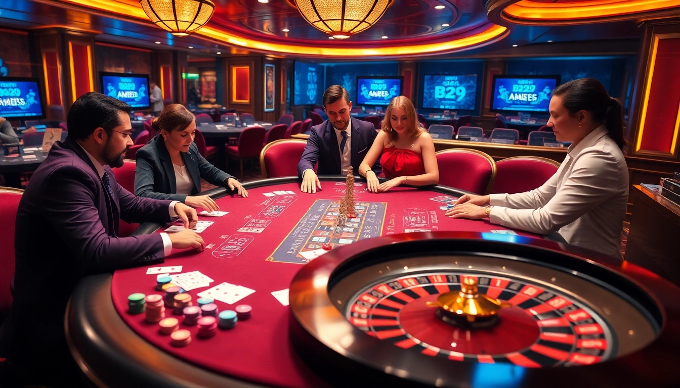 B29 casino scene showcasing vibrant gaming actions with players at a roulette table and high-quality chips.