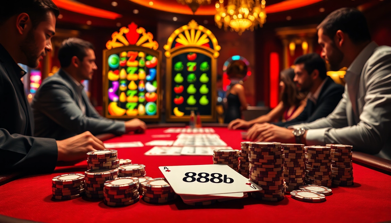 Players enjoying a high-stakes poker game at an '888b' branded casino table, surrounded by vibrant slot machines.