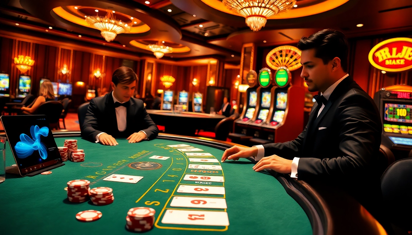 Exciting gambling scene at a casino table showcasing XX88.com with players and poker chips.