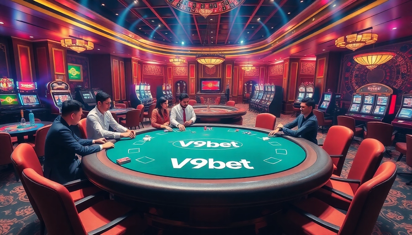 Experience an exhilarating poker game at V9bet with professional players and vibrant casino elements.