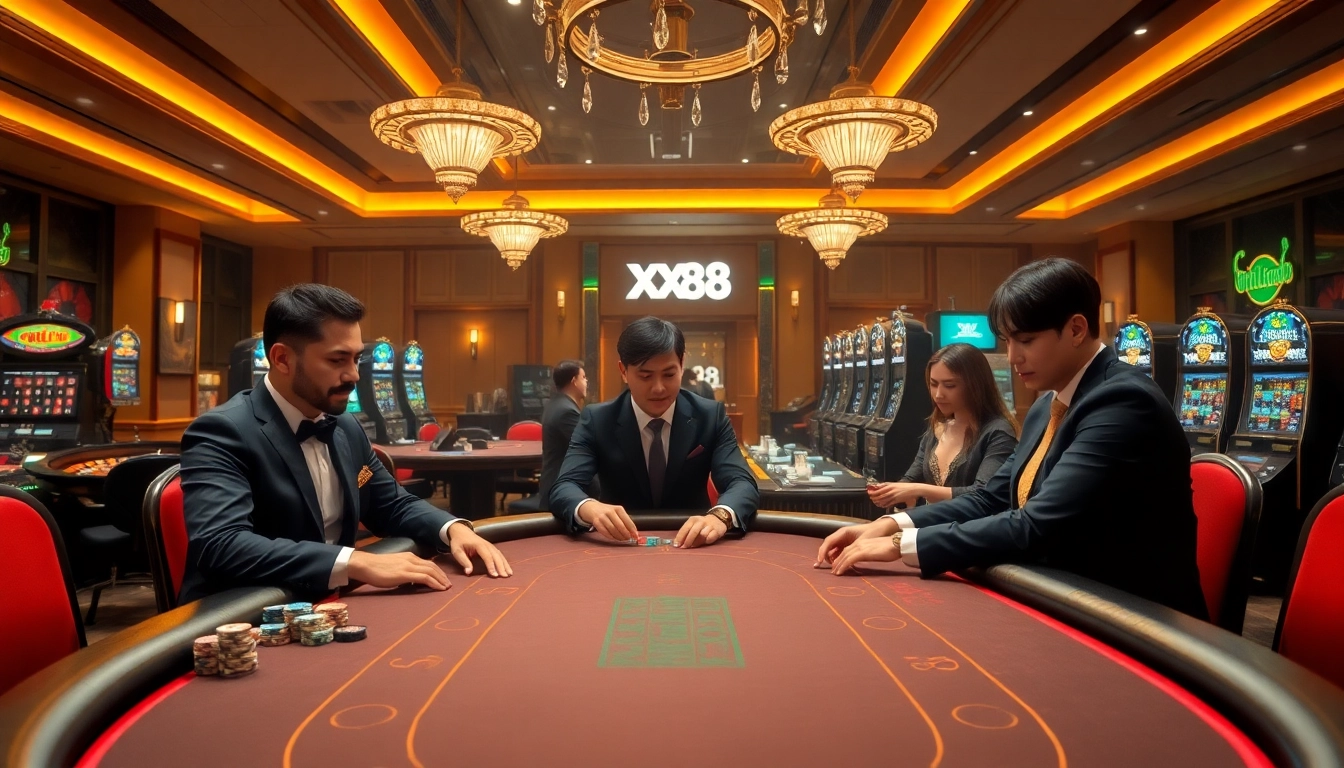 Players enjoying a thrilling poker game at XX 88 casino, surrounded by colorful chips and vibrant atmosphere.