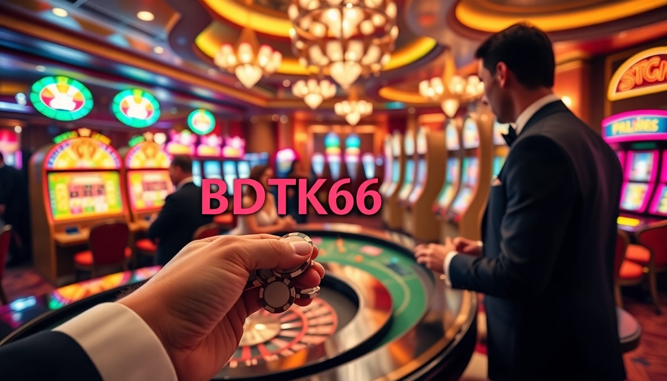 Experience the thrill of the casino with BDTK66-themed poker chips amidst vibrant gaming tables.