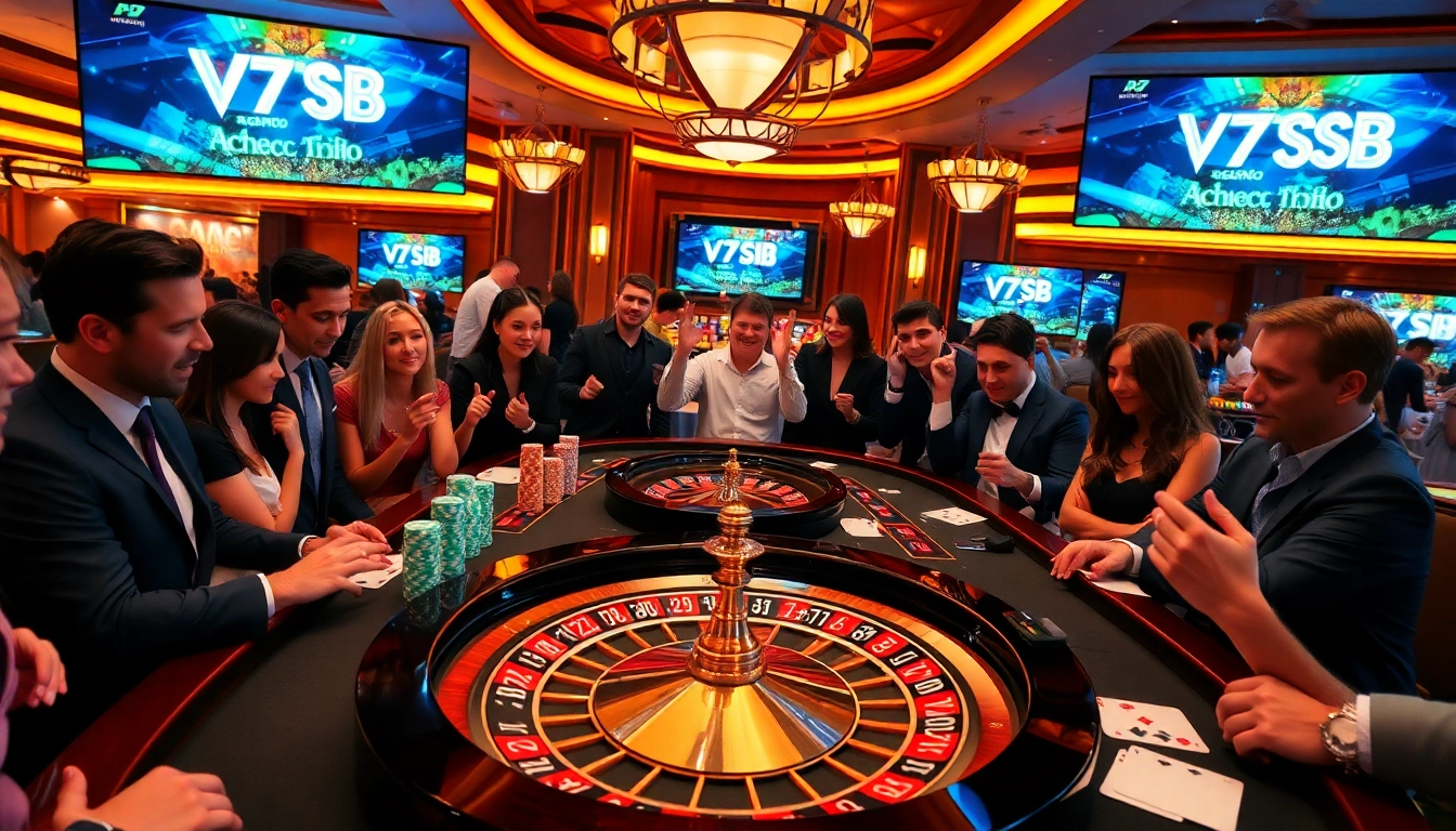 Exciting V7SB casino gaming scene with roulette, poker chips, and vibrant players.