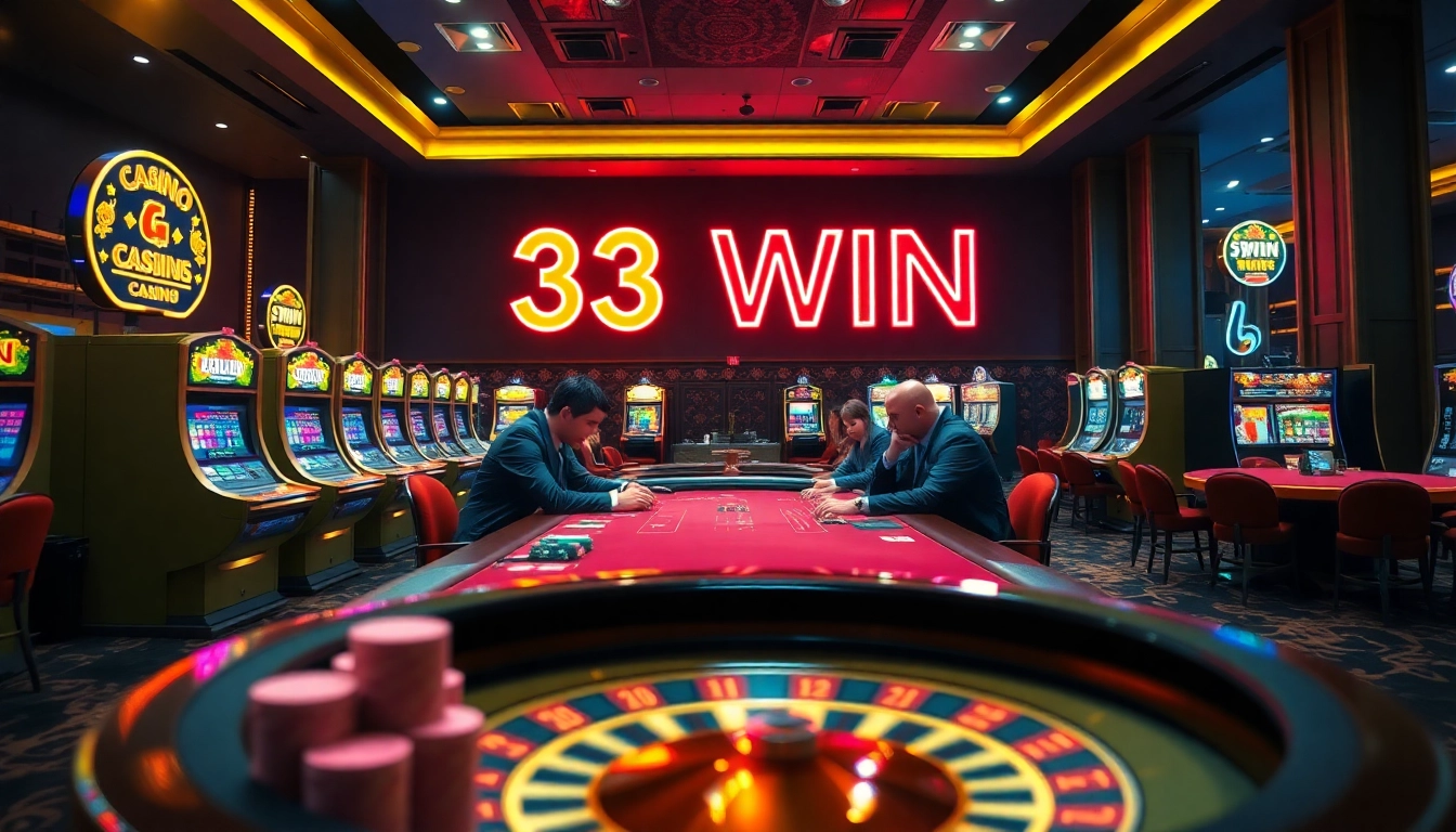 33WIN players strategizing at a luxurious poker table in a vibrant casino setting.