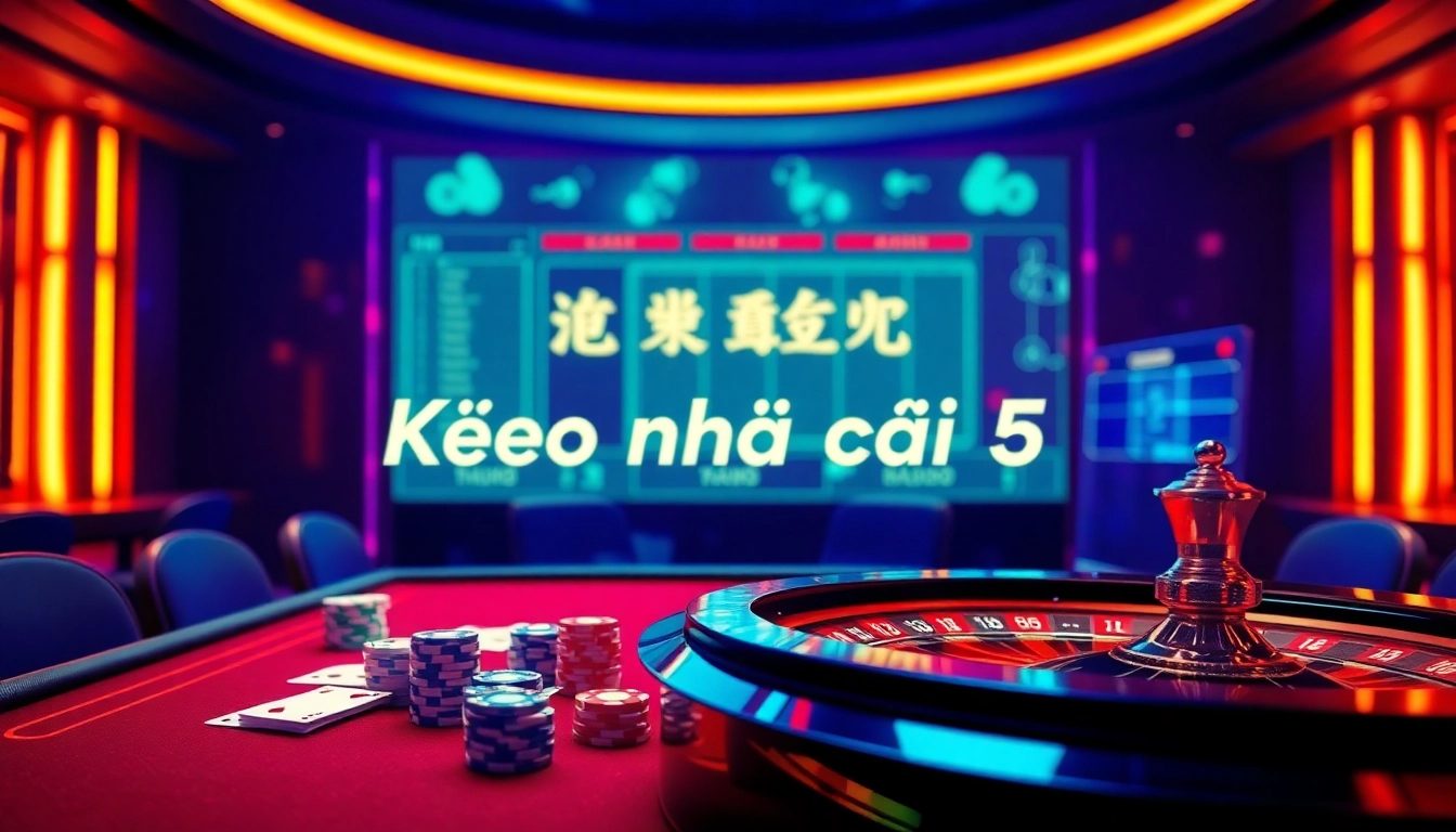Kèo nhà cái 5 showcased in an exciting casino scene with poker chips and gaming tables.