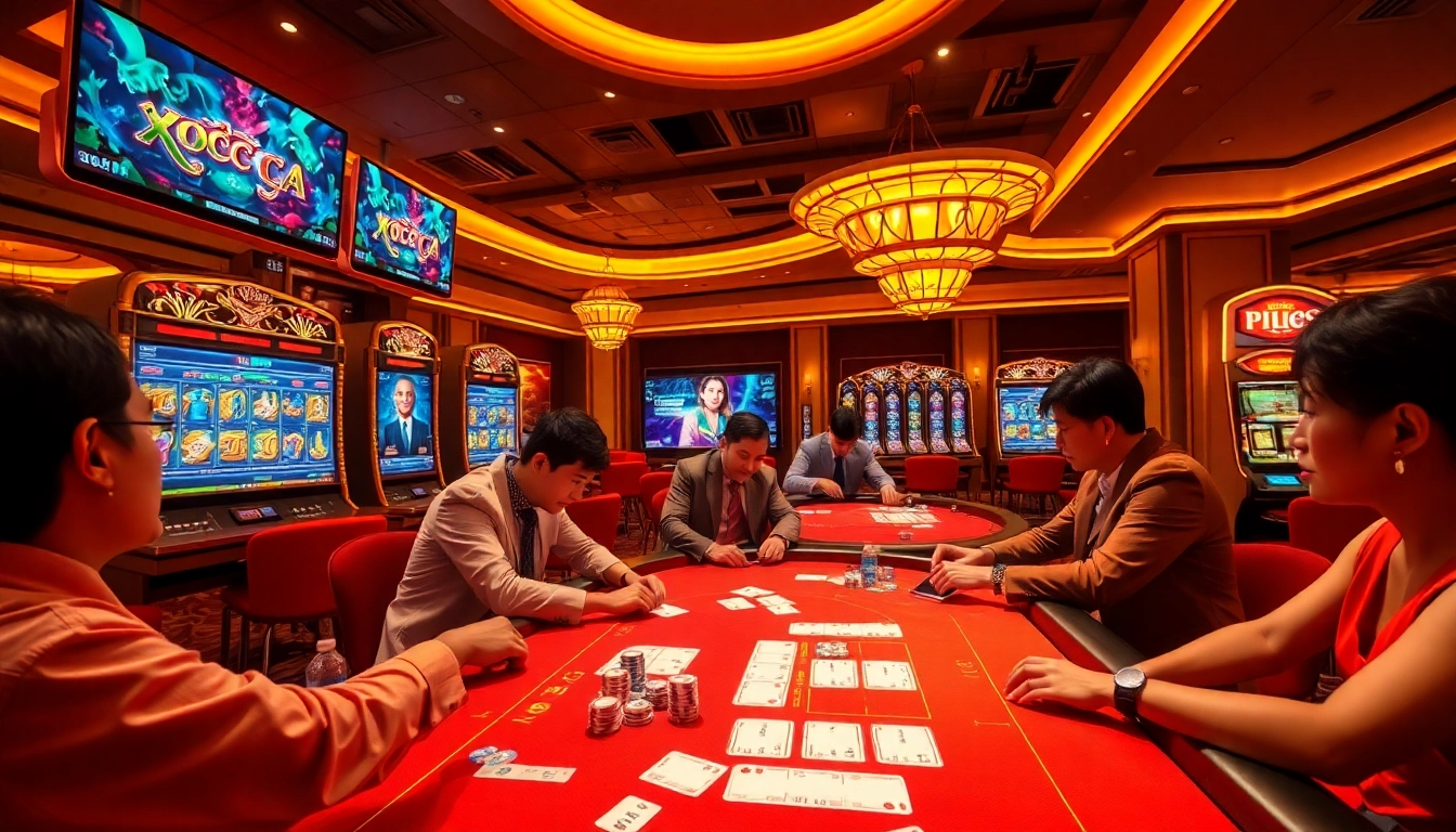 Xóc đĩa online players enjoying a thrilling casino experience with vibrant gaming tables and rich betting elements.