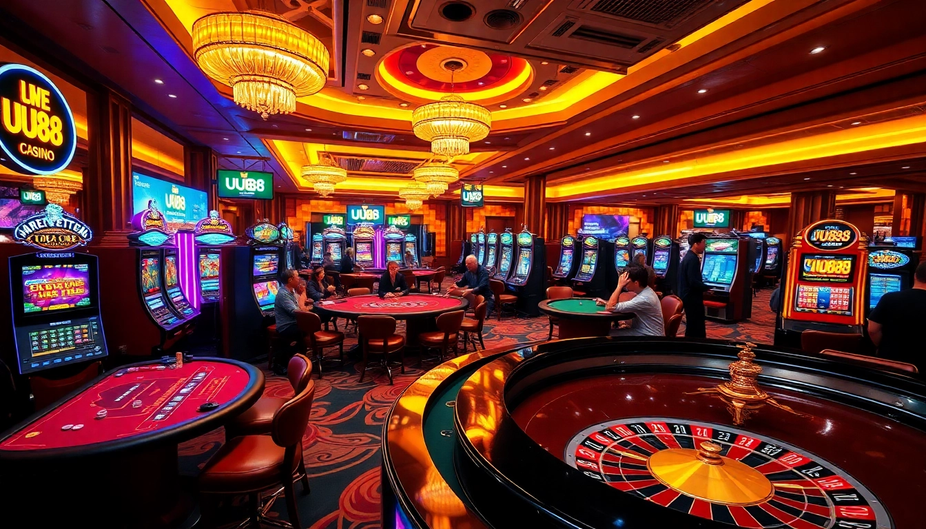 Action-packed uu88 online casino scene with players at vibrant tables and engaging games.
