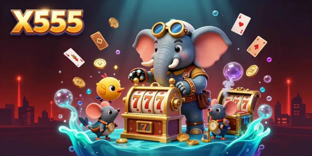 X555 engages players with a steampunk elephant engineer operating a dazzling slot machine amidst vibrant game elements.