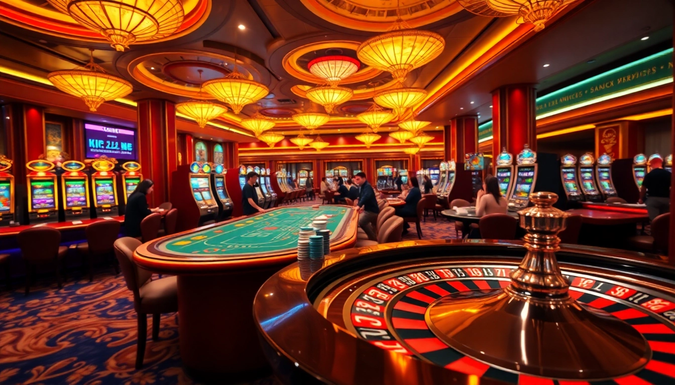 KJC casino scene with vibrant gaming tables, poker chips, and a roulette wheel spinning.