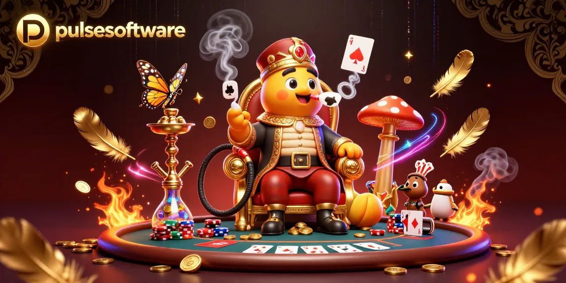Experience pulsesoftware's vibrant casino scene with a captivating 3D poker-themed illustration.
