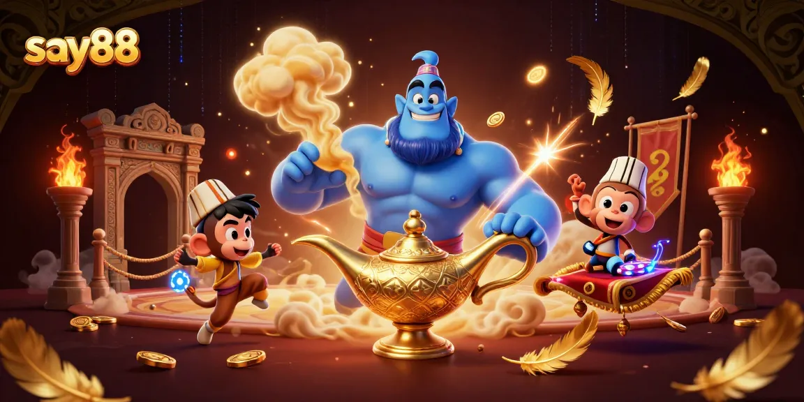Engage with say88 in an exciting casino scene featuring a magical genie, poker chips, and vibrant elements.