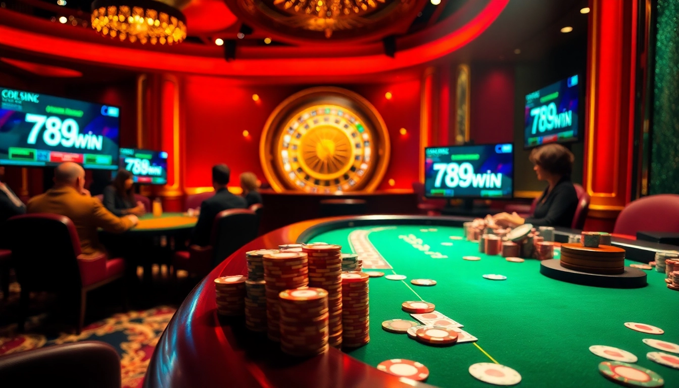 Players enjoying a thrilling game at the 789win casino table, with vibrant chips and cards.