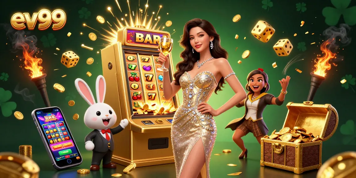 Ev99 players celebrating their wins beside a jackpot slot machine, immersed in vibrant casino energy.