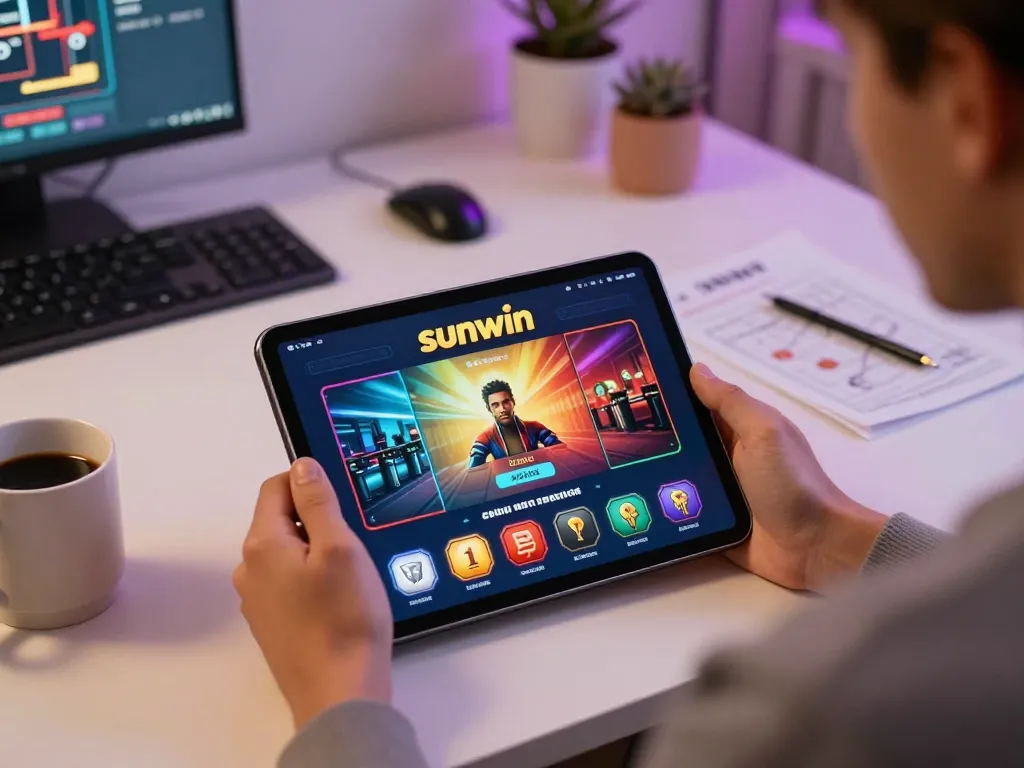 Engaging with the sunwin app on a tablet, emphasizing responsible online gaming.
