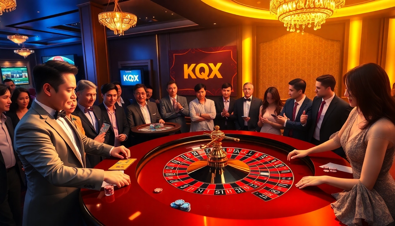 Experience the thrill of kqsx at a vibrant casino table surrounded by excited gamblers.