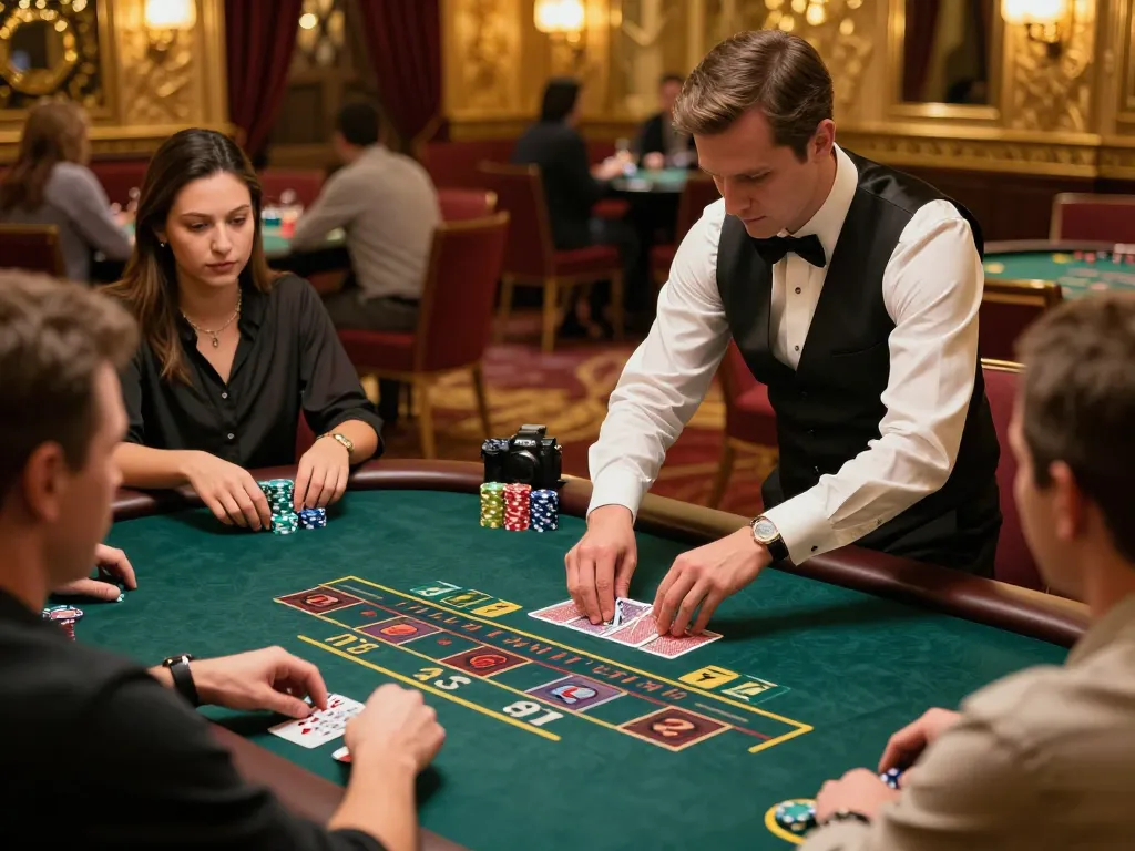 O8 players engaged in an exciting blackjack game with a professional dealer, showcasing strategic gameplay