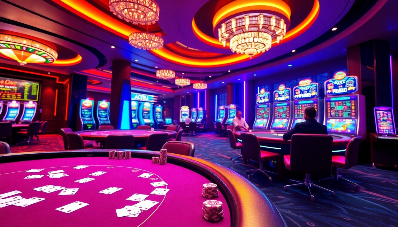 Players enjoying an exciting casino experience at Typhu88, featuring poker tables and slot machines.