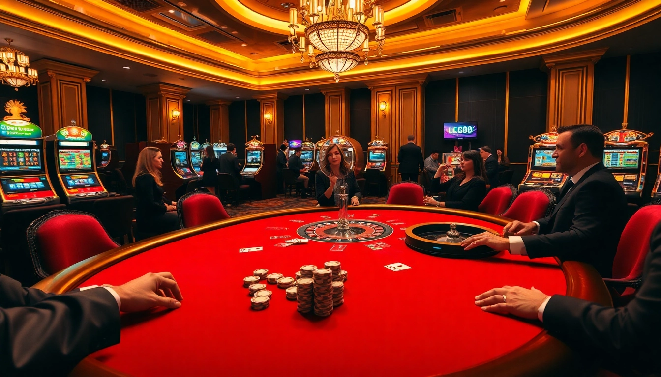 Experience high-stakes action at LC88 with vibrant poker tables and excited players.