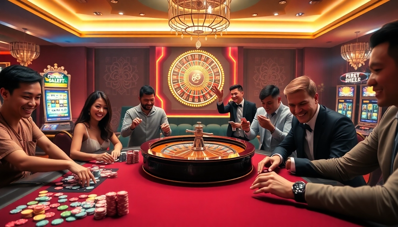 E2BET's exciting online casino scene featuring vibrant gaming tables and slot machines.