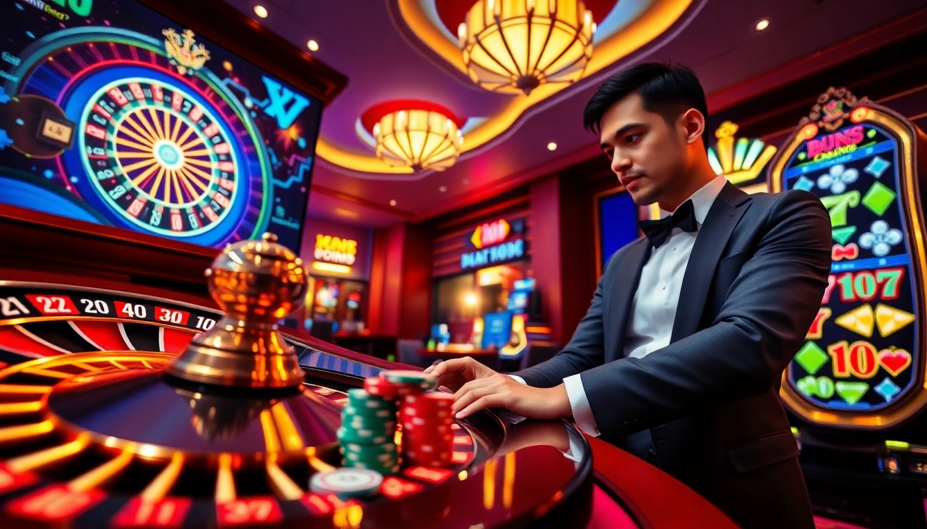 xocdia88 interactive online gambling scene with roulette wheel and poker chips.