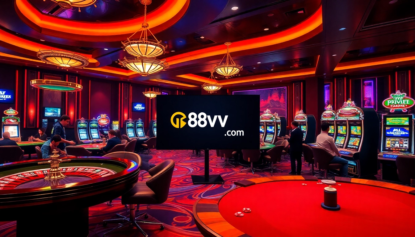 A high-energy casino scene featuring players engaged at tables and the 88vv.com online interface.