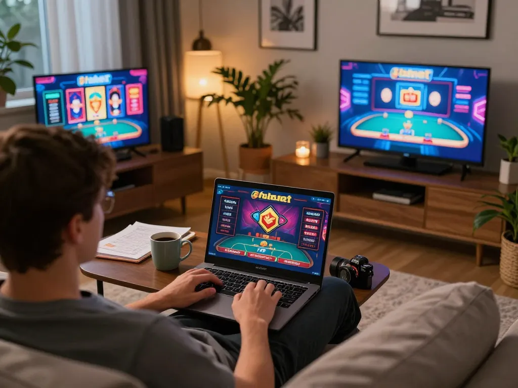 Engaging online gaming session at home featuring Fabet's casino interface and cozy atmosphere.